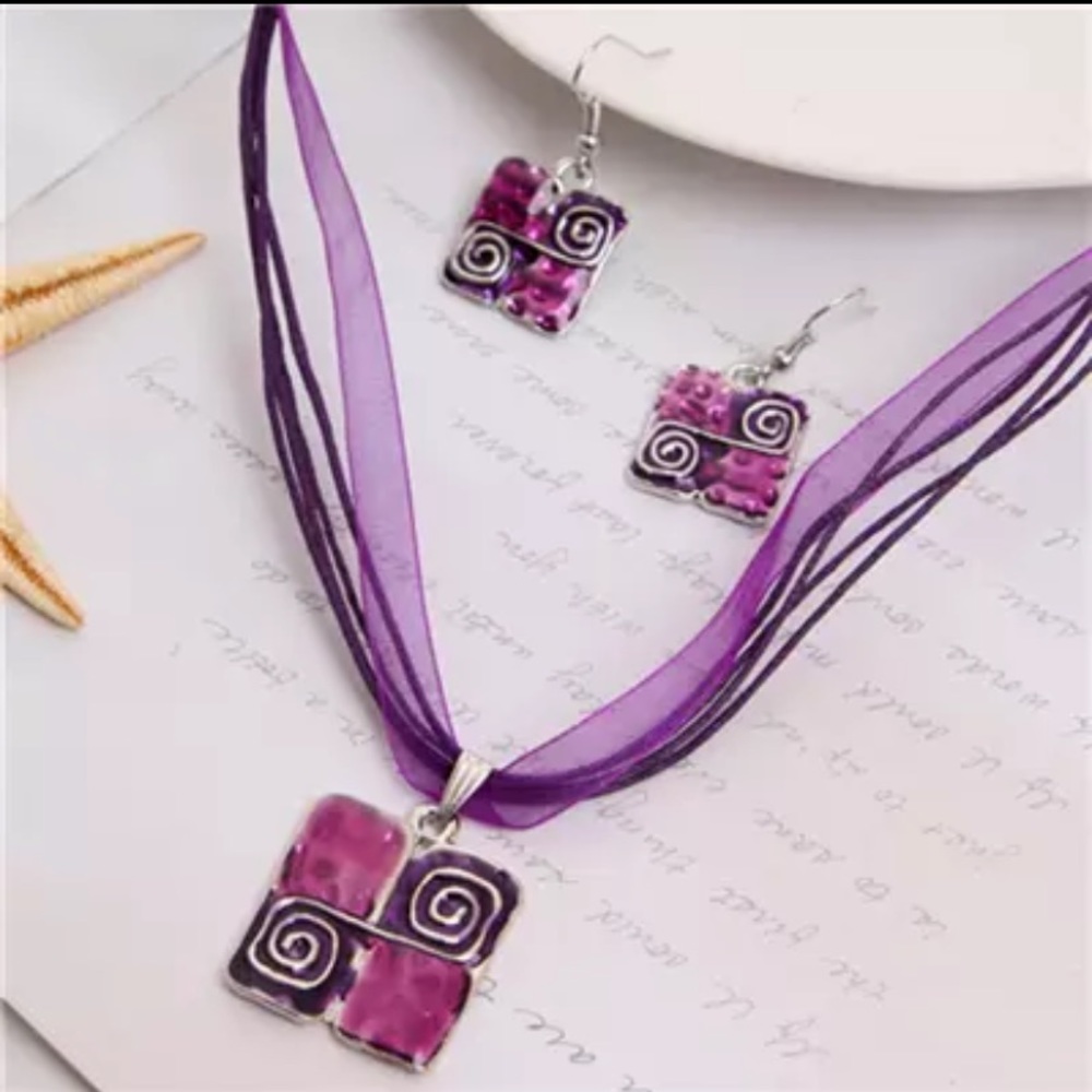 Purple square mosaic necklace and earrings
